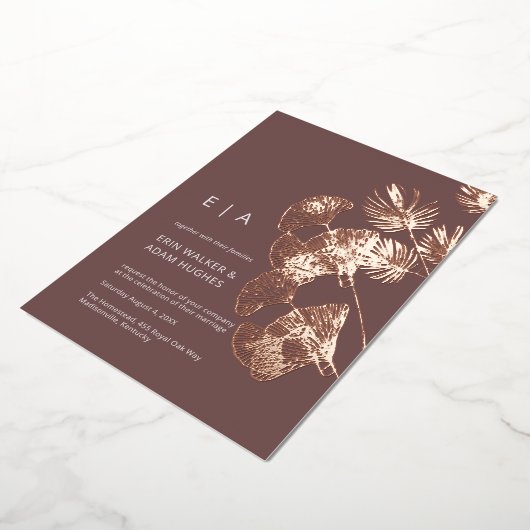 Luxe Gingko Leaf Real Roos Gold Wedding Folie Uitnodiging (Gedraaid)