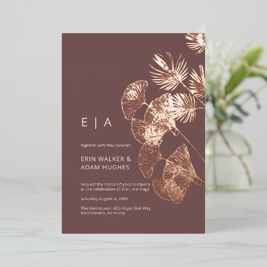 Luxe Gingko Leaf Real Roos Gold Wedding Folie Uitnodiging (Staand Voorkant)