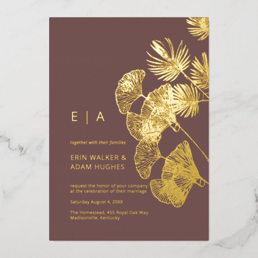Luxe Ginkgo-blad Echt Goud Bruiloft Folie Uitnodiging (Voorkant)