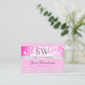 Luxe Girly Roze Glitter Monogram Zilveren Rand Visitekaartje (Staand voorkant)