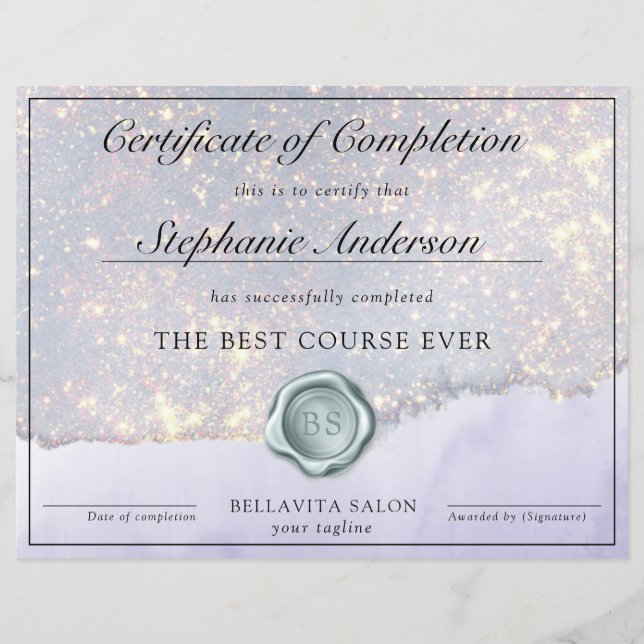 Luxe Glam Glitter Cursus Certificaat Van Voltooiin (Voorkant)