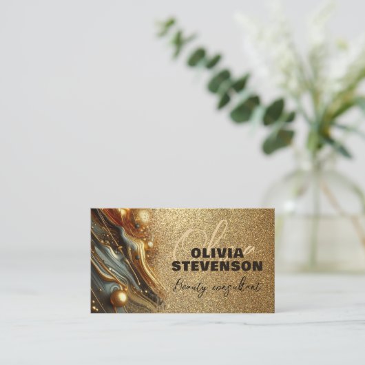 Luxe Glam Glittery Gold Marble Beauty Consultant Visitekaartje (Staand voorkant)