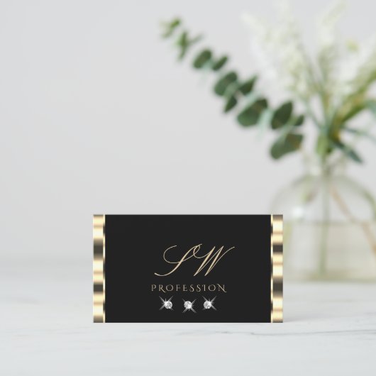 Luxe Glam Gold Initialen met zwarte mousserende di Visitekaartje (Staand voorkant)