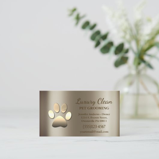 Luxe Glam Gold Metallic Dog Paw Grooming Service Visitekaartje (Staand voorkant)