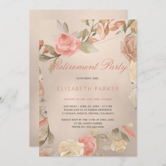 Luxe Glam Koraal Goud Bloemen Pensioen Partij Kaart (Voorkant / Achterkant)