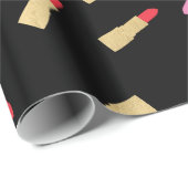 Luxe Glam Lipstick Patroon op Zwart Cadeaupapier (Rol Hoek)