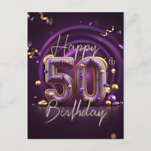 Luxe Glam Paars en Goud 50e Verjaardag Briefkaart (Voorkant)