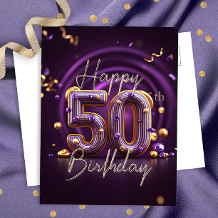 Luxe Glam Paars en Goud 50ste Verjaardag Briefkaart