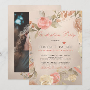 Luxe Glam Peach Bloemen FOTO Afstudeerfeest Kaart