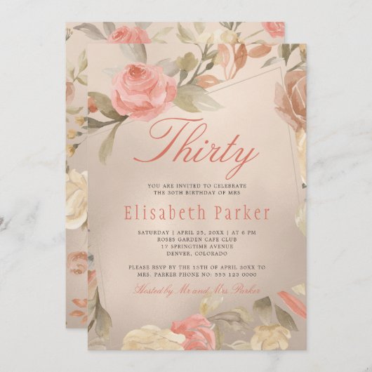 Luxe Glam Peach Gouden Bloemen 30e Verjaardagsfees Kaart (Voorkant / Achterkant)