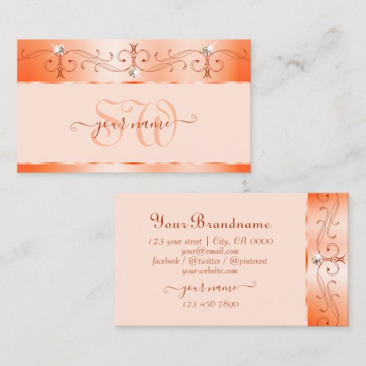 Luxe Glam Peach  Sparkling Jewels Monogram Visitekaartje (Voorkant / Achterkant)