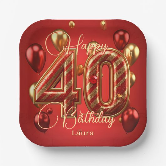 Luxe Glam rood en goud 40e verjaardag Papieren Bordje (Voorkant)