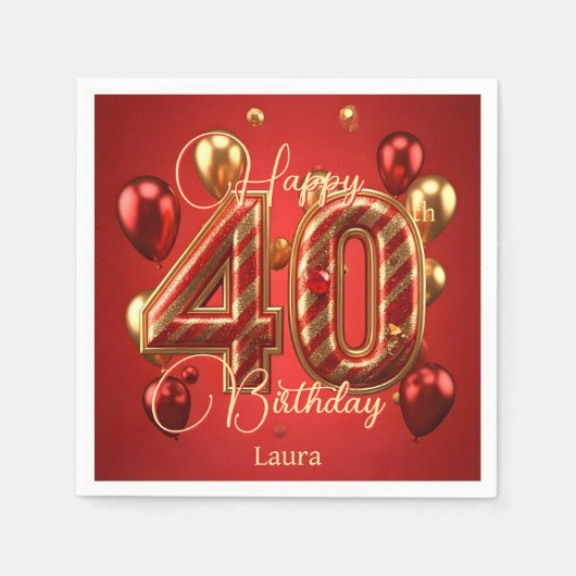 Luxe Glam rood en goud 40e verjaardag Servet (Voorkant)