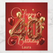 Luxe Glam rood en goud 40e verjaardag Wijn Etiket (Enkel label)
