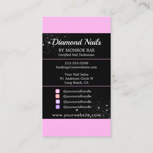 Luxe glam roze en zwarte Nail Salon Nail Stylist Visitekaartje (Achterkant)