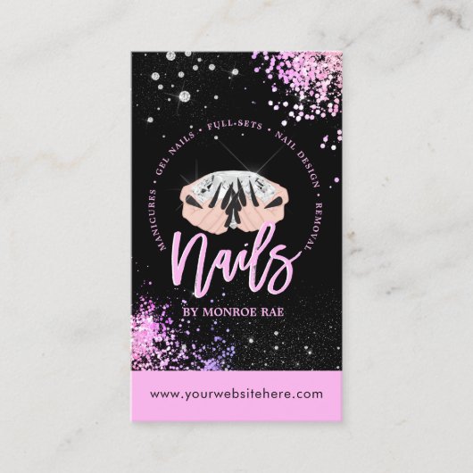Luxe glam roze en zwarte Nail Salon Nail Stylist Visitekaartje (Voorkant)