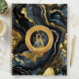 Luxe Glam Zwart Blauw Goud Agaat Marmer Monogram Planner