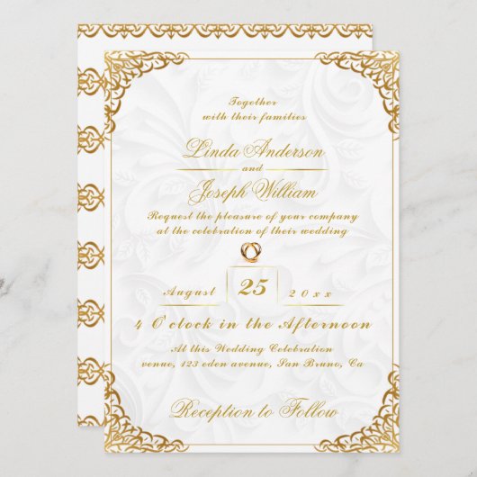 Luxe Glamor Gold Border & Nordic Flower Wedding Kaart (Voorkant / Achterkant)