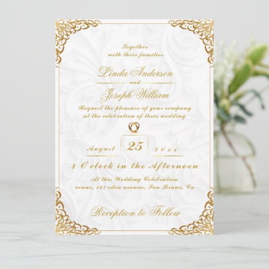Luxe Glamor Gold Border & Nordic Flower Wedding Kaart (Staand voorkant)