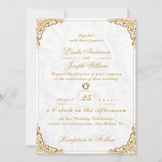 Luxe Glamor Gold Border & Nordic Flower Wedding Kaart (Voorkant)