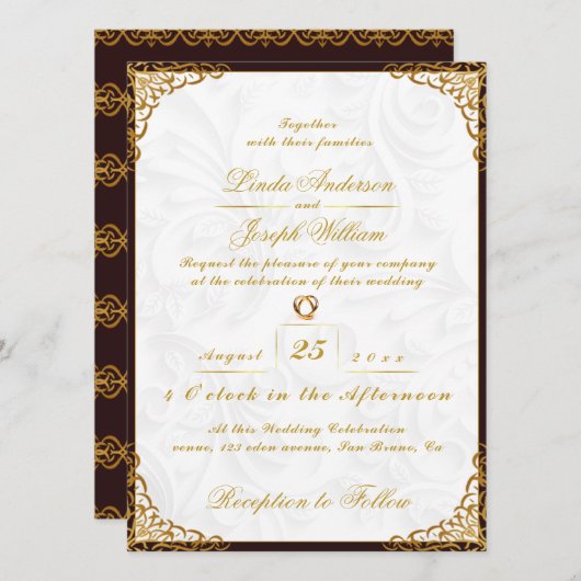 Luxe Glamor Gold Border & Nordic Flower Wedding Kaart (Voorkant / Achterkant)