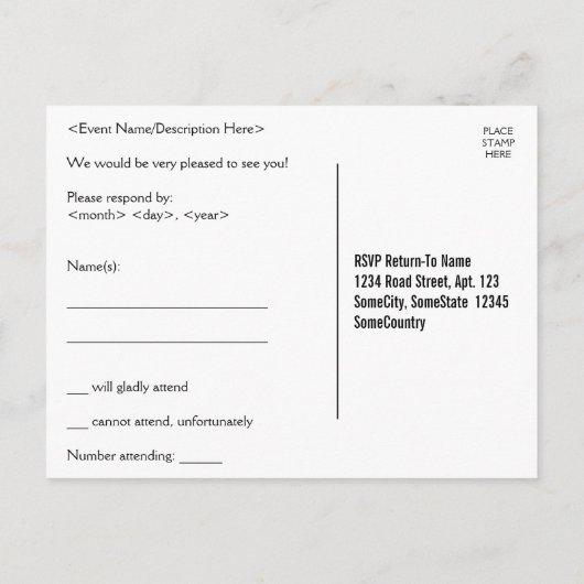 Luxe, glamoureuze "R.S.V.P." Briefkaart (Achterkant)