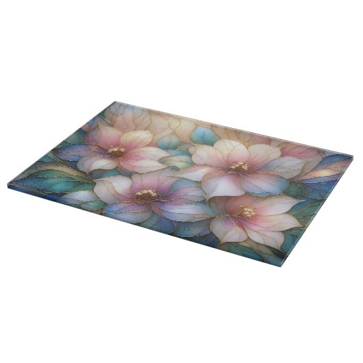 Luxe glazen snijplank met bloemmotief (Hoek)