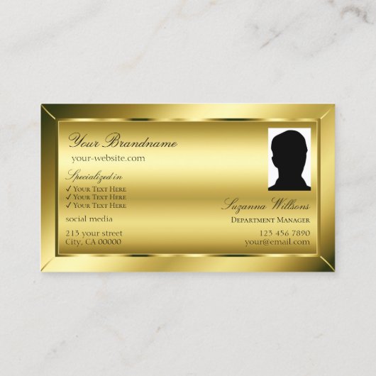 Luxe Glimmerig Goud met Monogram en Foto Visitekaartje (Achterkant)
