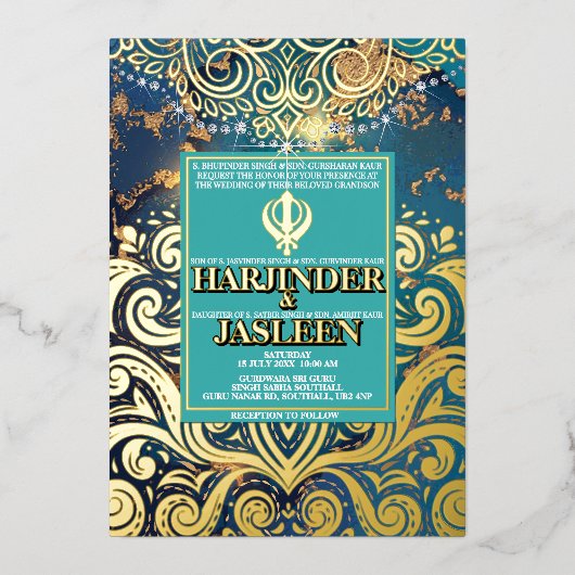 Luxe Glitter Blauwe Sikh Anand Karaj Indiaan Folie Uitnodiging (Voorkant)