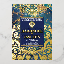 Luxe Glitter Blauwe Sikh Anand Karaj Indiaan Folie Uitnodiging