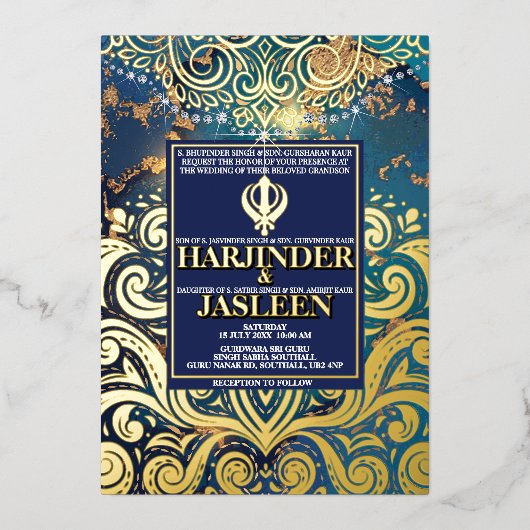 Luxe Glitter Blauwe Sikh Anand Karaj Indiaan Folie Uitnodiging (Voorkant)