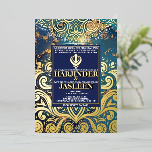 Luxe Glitter Blauwe Sikh Anand Karaj Indiaan Folie Uitnodiging (Staand Voorkant)