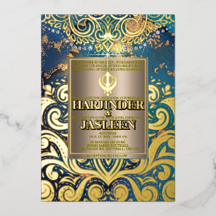 Luxe Glitter Blauwe Sikh Anand Karaj Indiaan Folie Uitnodiging