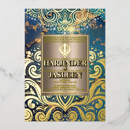 Luxe Glitter Blauwe Sikh Anand Karaj Indiaan Folie Uitnodiging (Voorkant)