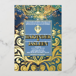 Luxe Glitter Blauwe Sikh Anand Karaj Indiaan Folie Uitnodiging