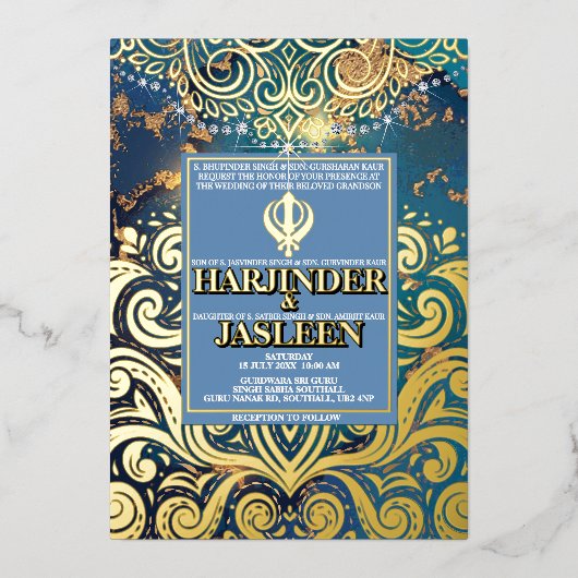 Luxe Glitter Blauwe Sikh Anand Karaj Indiaan Folie Uitnodiging (Voorkant)