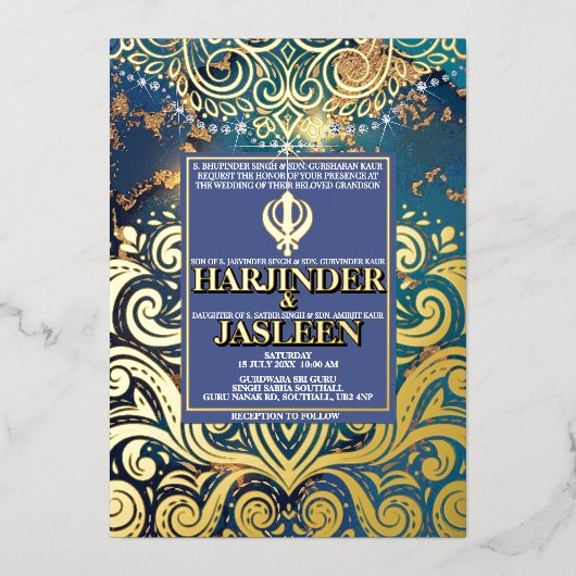 Luxe Glitter Blauwe Sikh Anand Karaj Indiaan Folie Uitnodiging (Voorkant)
