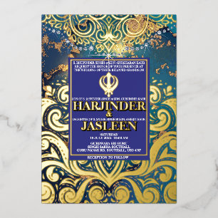 Luxe Glitter Blauwe Sikh Anand Karaj Indiase Folie Uitnodiging