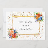 Luxe glitter Blue Oranje Floral bespaart de datum Save The Date (Voorkant)