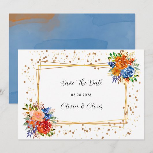 Luxe glitter Blue Oranje Floral bespaart de datum Save The Date (Voorkant / Achterkant)