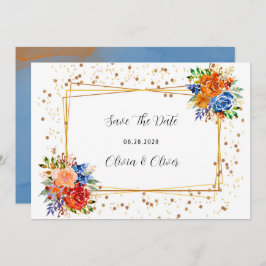 Luxe glitter Blue Oranje Floral bespaart de datum Save The Date