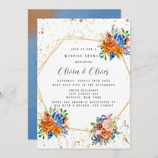 Luxe Glitter Blue Sinaasappel Floral Wedding Showe Kaart (Voorkant / Achterkant)