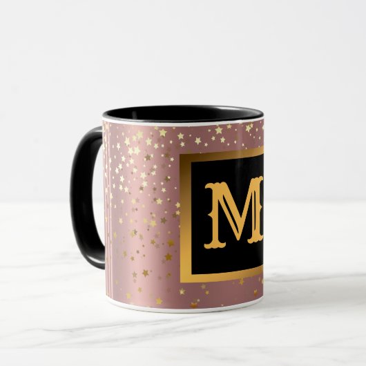 Luxe Glitter Gold Pink Stars Monogramed Mok (Voorkant links)