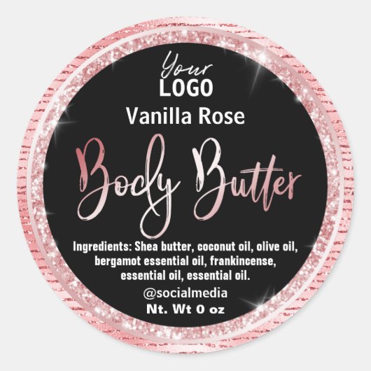 Luxe Glitter Roze Goud Zwarte Body Butter Labels (Voorkant)