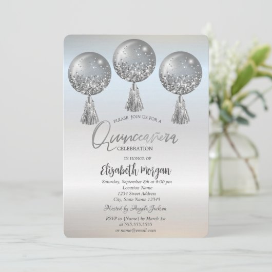 Luxe Glitter-schijven ballonnen Silver Quinceañera Kaart (Staand voorkant)