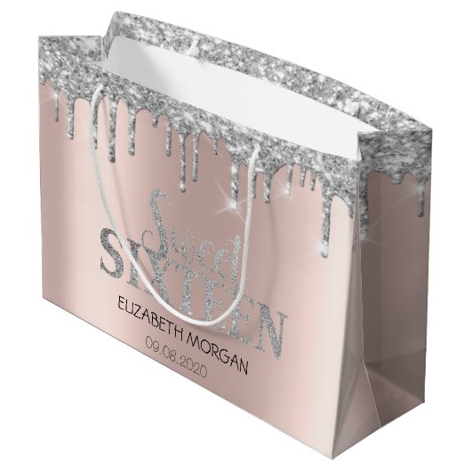 Luxe Glitter Silver Drips Roos Gold Sweet 16 Groot Cadeauzakje (Achterkant Gekanteld)