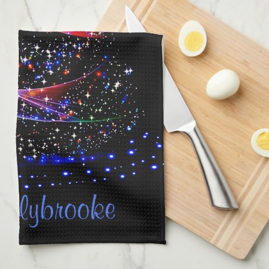 Luxe Glittery Navy Xmas Tree Naam Keuken Handdoeke Theedoek (Quarter Fold)