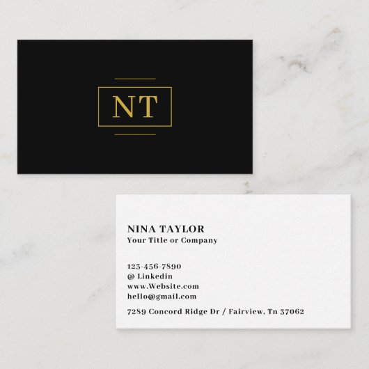 Luxe Gold 2 Initiaal Monogram Minimalistisch Zwart Visitekaartje (Voorkant / Achterkant)