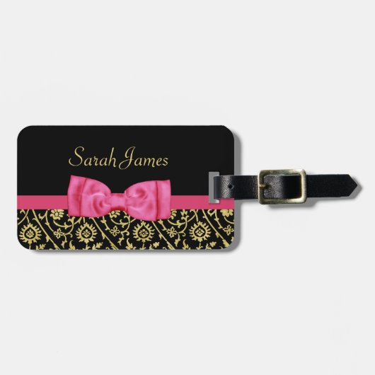 Luxe Gold Black Floral Damask Pink Bow en Name Bagagelabel (Voorkant horizontaal)