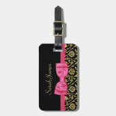 Luxe Gold Black Floral Damask Pink Bow en Name Bagagelabel (Voorkant verticaal)